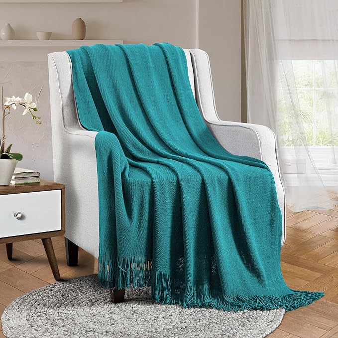 Vonty Teal Knitted Throw Blanket with Tassels Fringe, 50x60 Acrylic | Super Soft And Lightweight, Year-Round Cozy Warmth, Farmhouse Decorative Style, Machine Washable, for Couch, Sofa or Bed