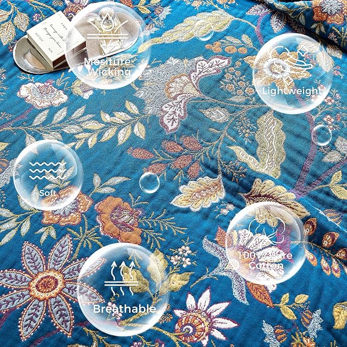 LUTBM Boho Throw Blanket for Couch 50"x60", Cotton Decorative Bed Throw | Blue Reversible Floral Jacquard, All-Season Blankets, For Chair Sofa Living Room Decor, Lightweight Breathable Gauze