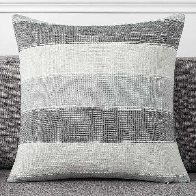Pack of 2 Farmhouse Stripe Check Throw Pillow Covers Set Case Cotton Linen Decorative Pillowcases Cushion Cover for Couch Bench Sofa 26x26Inch Dark Grey Beige