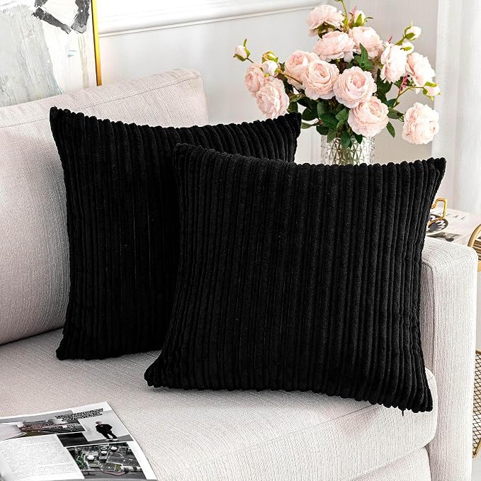 UGS UGASA Velvet Corduroy Throw Pillow Cover for Bed, 1 Pc, 26" x 26" (Pack of 1) (66 x 66 cm), Black