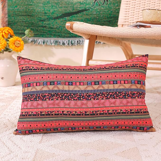 TAOSON Red Stripe Bohemian Style Antique Cotton Blend Linen Sofa Throw Pillowcase Cushion Cover Pillow Cover with Hidden Zipper Closure Only Cover No Insert 12x20 Inch 30x50cm