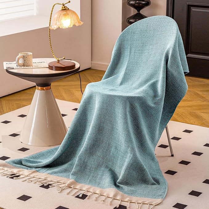 Peshtemania Premium Cotton Throw Blanket, 50x60 inches, Light Blue, Turkish Herringbone, Farmhouse Decor, Yoga Blanket, Picnic Blanket