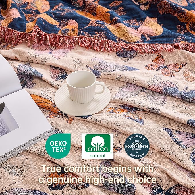 VANJOROY Boho Throw Blanket, 100% Organic Cotton Breathable Ultra Soft 50" x 60" Bed Quilt Throw - All Season Floral Rustic Farmhouse Decor Luxury Reversible Blanket for Sofa Couch Chair and Gift