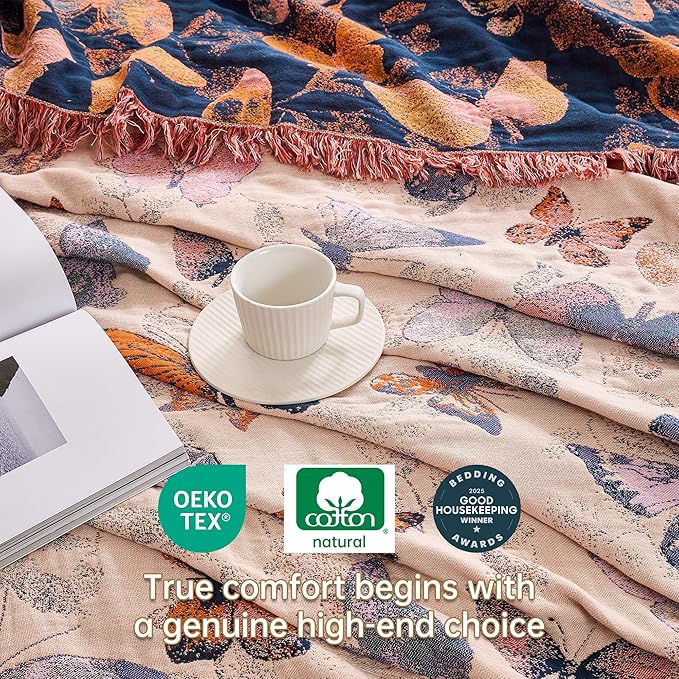 VANJOROY Boho Throw Blanket King, 100% Organic Cotton Breathable Ultra Soft 91" x 98" Bed Quilt Throw - All Season Floral Rustic Farmhouse Decor Luxury Reversible Blanket for Sofa Couch Chair and Gift