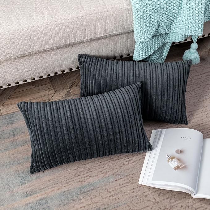 UGASA 14x20 Inch Christmas Pillow Cover Pack of 1 Soft Boho Stripe Corduroy Long Rectangle Lumbar Cushion Case Farmhouse Decorative Pilowcase for Bed, Couch, Sofa, Bedroom, Living Room, Dark Grey