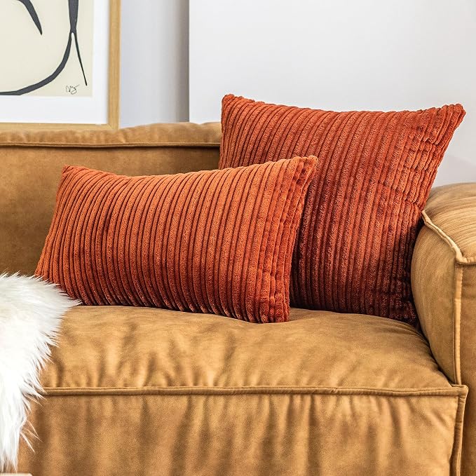 UGASA Fall Decor Super Soft Striped Corduroy Pillow Covers Large Throw Pillow Sham Cushion Cover Living Room, 1 Pc, 24" x 24" (Pack of 1) (61cm), Burnt Brick
