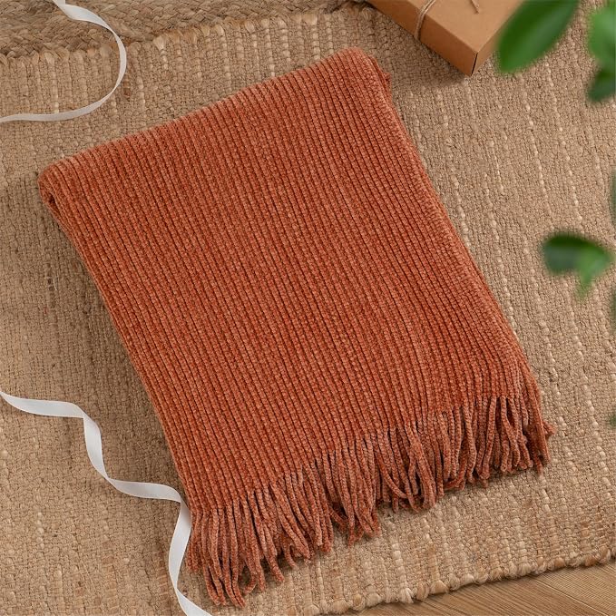 BATTILO HOME Rust Orange Throw Blanket for Couch, 60"x80" | Soft Chenille Throw Blanket with Tassels for Fall Decor, Fall Throw Blanket for Home Decoration