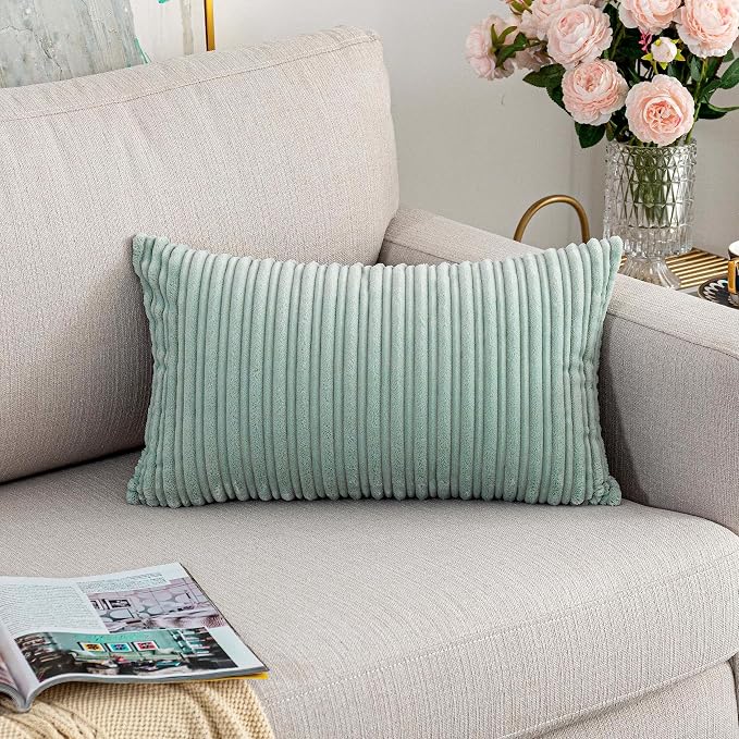 UGS UGASA Velvet Pillow Covers Striped, Spring Decorative Throw Pillow Cover Cushion Case with Hidden Zipper for Home Couch/Bedroom, Soft Cozy Solid Oblong, 1 Pack (12"x20", Mint Green)