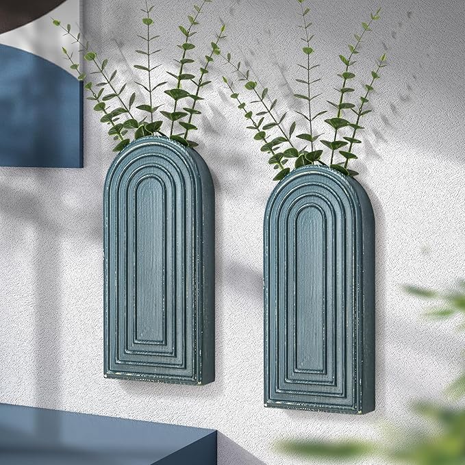 EOSAHR Wall Vase for Boho Room Decor: Wall Planter for Flowers, Denim Blue | 2Pcs, Pine Wood, 3D Embossed Lines, Round Corner Design, Blue Wall Art for Living Room, Ideal for Fake Plant