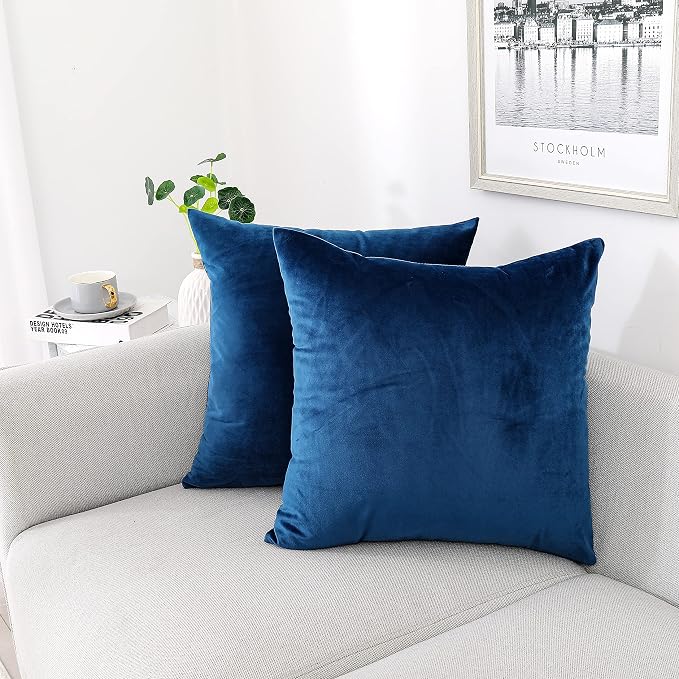 NiNi ALL Blue Velvet Throw Pillow Covers 24x24 Pack of 2 Decorative Couch | Soft Solid Boho Cushion Squar Pillow Cases for Chair Sofa Bedroom Farmhouse Living room Modern Luxury Home Decor Christmas
