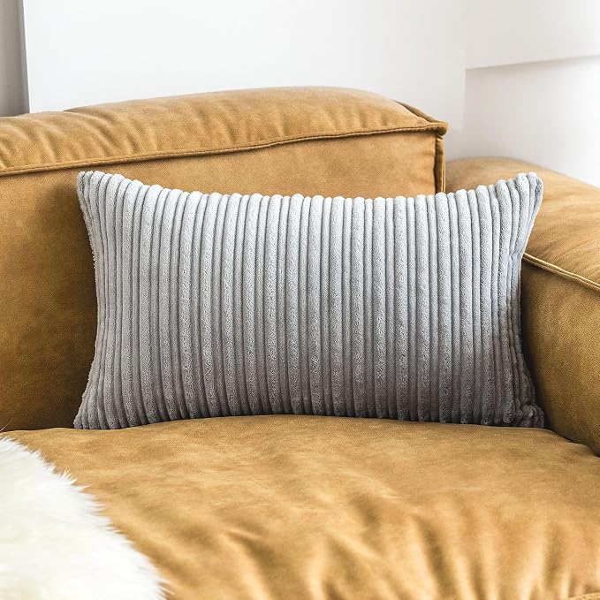 UGASA 14x20 Inch Christmas Pillow Cover Pack of 1 Soft Boho Stripe Corduroy Long Rectangle Lumbar Cushion Case Farmhouse Decorative Pilowcase for Bed, Couch, Sofa, Bedroom, Living Room, Light Grey