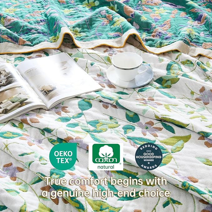 VANJOROY Boho Throw Blanket, 100% Organic Cotton Breathable Skin-Friendly Ultra Soft 50" x 60" Bed Quilt Throw - Floral Rustic Decor Luxury Reversible Blanket for Sofa Couch Chair and Gift,