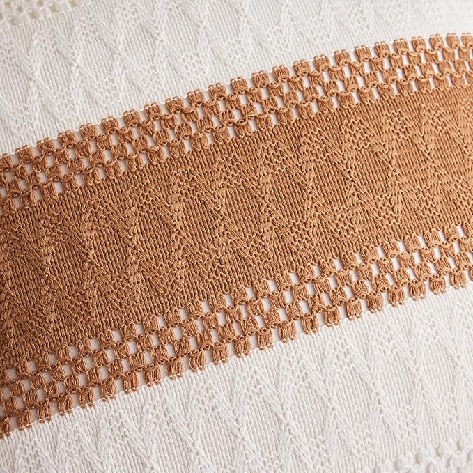 2pk Boho Pillow Covers 12x20, Natural White/Contrast/Caramel | 100% Organic Cotton Body, Stripe Embroidery, Farmhouse Decorative Cushion Covers for Sofa Bed Living Room Home Decor