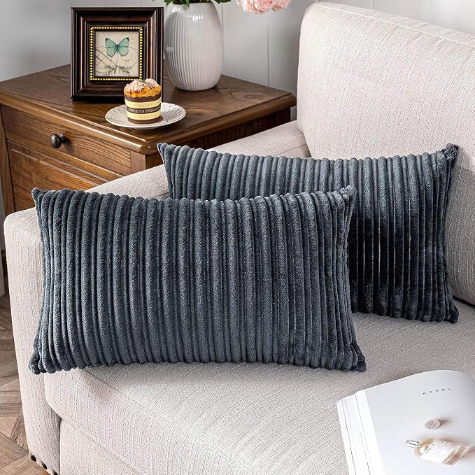 UGASA Velvet Pillow Covers Striped Decorative Throw Cushion Case with Hidden Zipper for Home Couch/Bedroom/Car, Soft Cozy Solid Oblong, 2 Pieces (12"x20", Dark Grey)