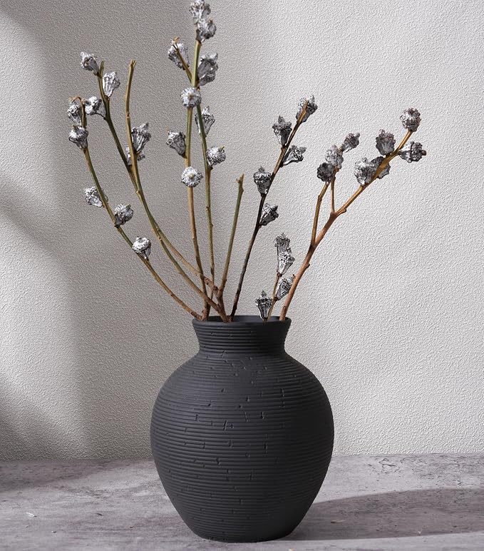 Ceramic Flower Vase Home Decor, 6 in Farmhouse Table Black Vases Rustic Vintage Living Room Kitchen Bedroom Decorations Pottery Decorative Vase for House Book Shelf Office Coffee Desk Dining Fireplace