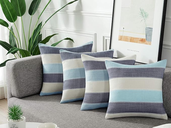 Pack of 2 Farmhouse Stripe Check Throw Pillow Covers Set Case Cotton Linen Decorative Pillowcases Cushion Cover for Couch Bench Sofa 22x22Inch Blue Beige