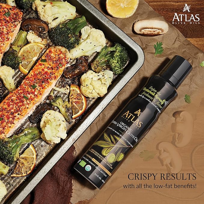 Olive Oil Spray by Atlas, Dual Function Olive Oil Cooking Spray and Stream, 5.4 fl oz, 2 Pack, Extra Virgin, Non Stick, Cold Pressed, Polyphenol Rich, Organic Moroccan EVOO, Hydroxytyrosol, Keto