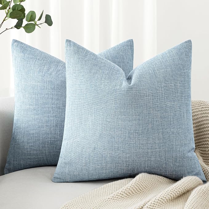 MIULEE 26x26 Inch Pack of 2 Decorative Linen Burlap Textured Euro Pillow Covers Farmhouse Boho Accent Pillowcases Spring Coastal Home Decor for Couch Sofa Bedroom Living Room Light Blue