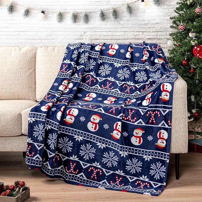 PAVILIA Christmas Snowman Throw Blanket | Blue Holiday Christmas Fleece Blanket | Soft, Plush, Warm Winter Cabin Throw, 60x80 (Blue Christmas)