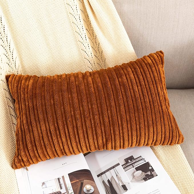 UGASA Corduroy Striped Soft Soild Decorative Throw Pillow Covers Set Cushion Cases Pillowcases for Sofa Bedroom, 2 Pcs, 12x20inch, Brown