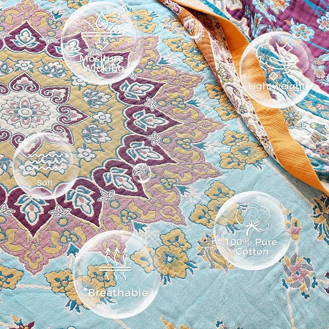 LUTBM Boho Throw Blanket for Couch 50"x60", Cotton Decorative Bed Throws | Reversible Vintage Florals Jacquard, All-Season Lightweight Soft Blankets, For Chair Sofa Bedroom Living Room, Home Decor