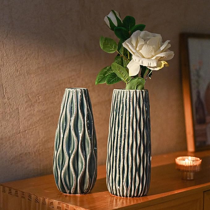 VICTOR & TERESA Ceramic Vase for Flowers, 10'' Set of 2 Decorative Blue Vases for Home Decor, Farmhouse Vases for Pampas Grass, Table, Mantel, Living Room, Shelf, Centerpieces, Gifts for Mom