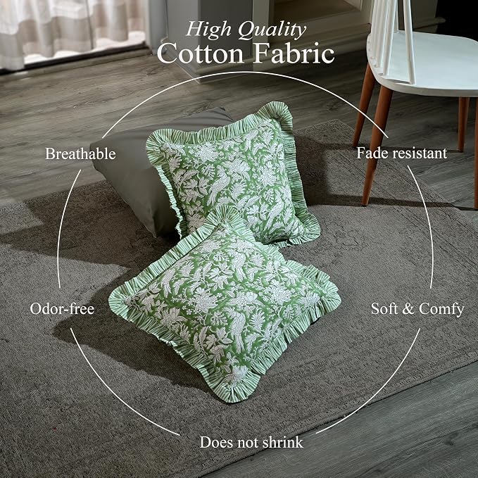 CPC Olive Green Ruffle Throw Pillow Covers for Couch, 24x24 Inch Cotton Stripe Ruffle Couch Pillows for Living Room, Hidden 20 Inch Zipper Boho Pillow Case or Cute Outdoor Pillows
