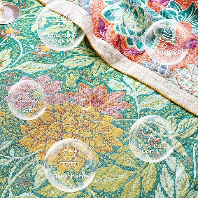 LUTBM Boho Throw Blanket for Couch 50"x60", Cotton Decorative Bed Throw | Green Reversible Floral Embroidery, All-Season Muslin Blankets, For Chair Sofa Bedroom Living Room Decor, Lightweight Gauze