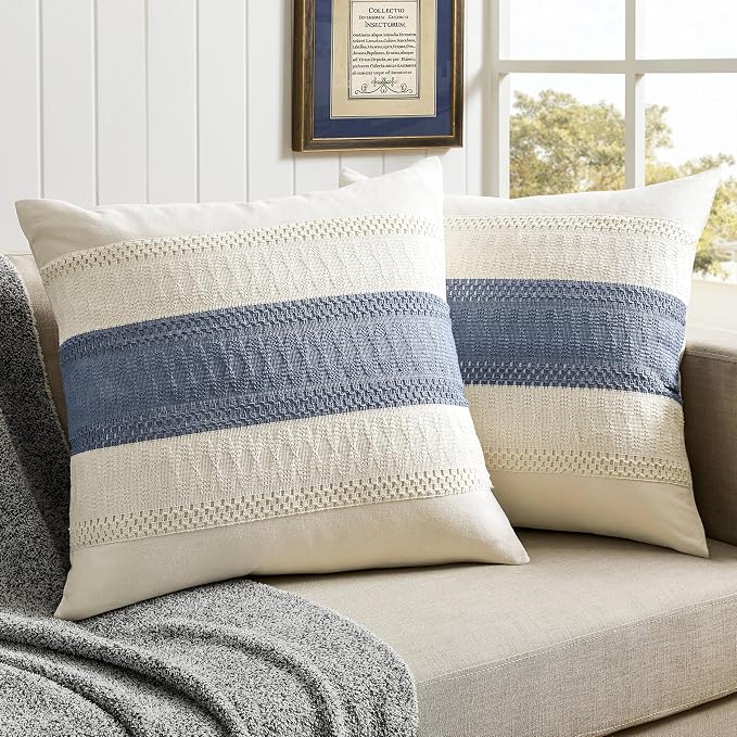 2 Pack Boho Throw Pillow Covers, Contrast Blue 22x22in | Soft Breathable Cotton, Farmhouse Decorative Couch Pillow Cases, Cushion Covers for Sofa Bed Living Room Home Decor