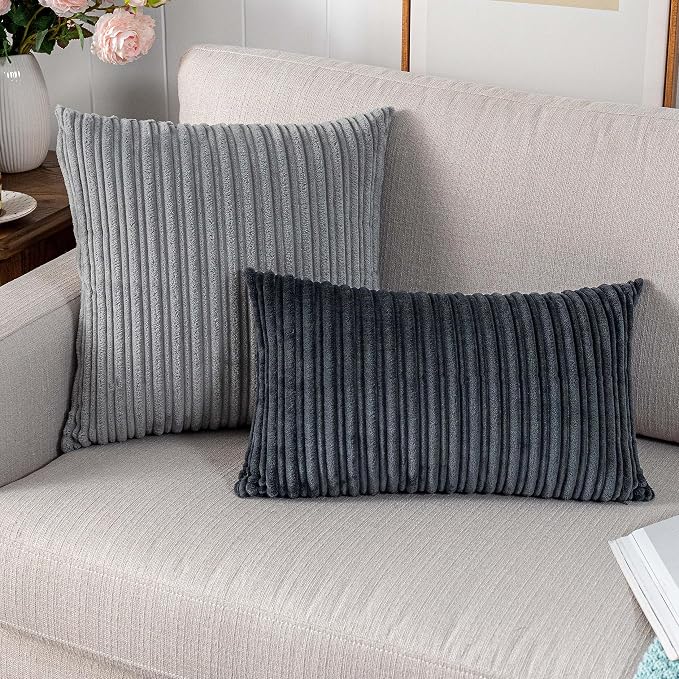 UGASA Velvet Pillow Covers Striped Decorative Throw Pillow Cover Cushion Case with Hidden Zipper for Home Couch/Bedroom/Car, Soft Cozy Solid Oblong, 1 Piece (12"x20", Dark Grey)