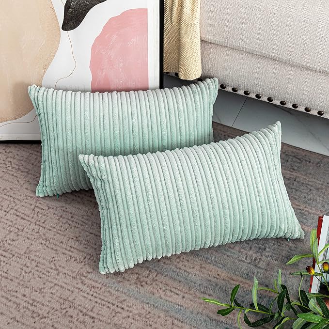 UGS UGASA Velvet Pillow Covers Striped, Spring Decorative Throw Pillow Cover Cushion Case with Hidden Zipper for Home Couch/Bedroom, Soft Cozy Solid Oblong, 1 Pack (12"x20", Mint Green)