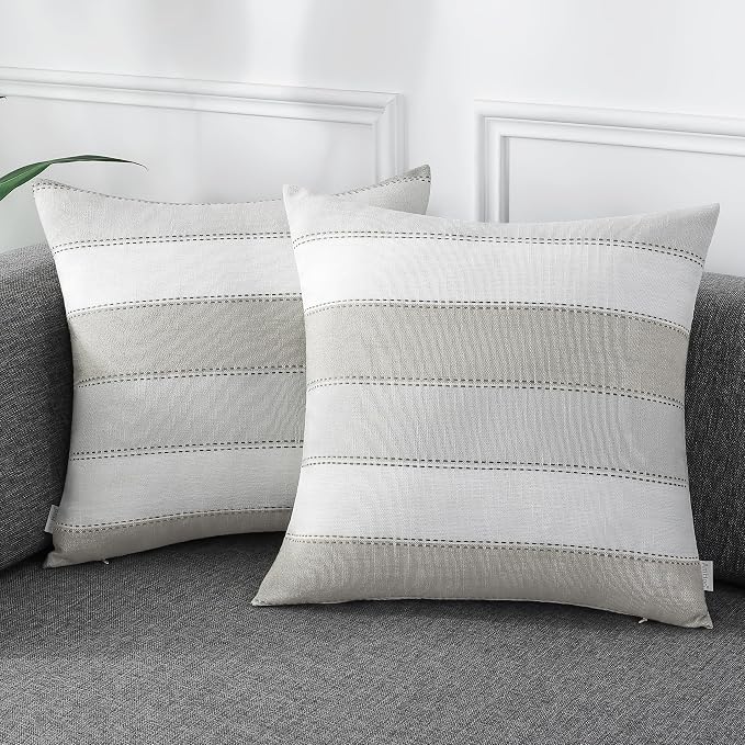 Pack of 2 Farmhouse Stripe Check Throw Pillow Covers Set Case Cotton Linen Decorative Pillowcases Cushion Cover for Couch Bench Sofa 16x16Inch Light Grey Beige