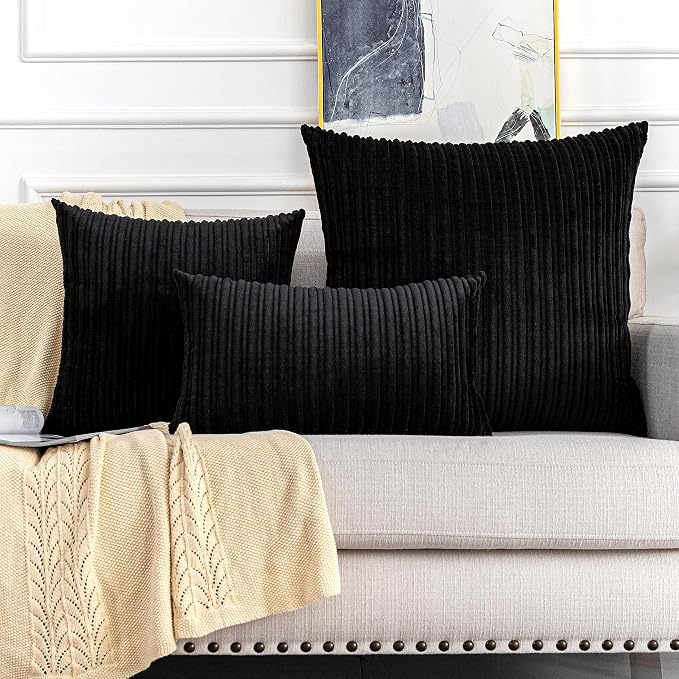 UGASA Velvet Lumbar Throw Pillow Cover, Both Sides Corduroy Striped Soft Solid Decorative Rectangular Cushion Case for Couch/Bedroom/Car, 1 Pack, 12x20 Inch, Black