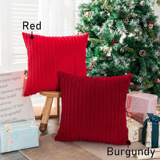 UGASA Nordic Solid Striped Velvet Pillow Covers Christmas Decor Simple Modern Sofa Cushion Cover Bed Velvet Square Pillowcase, 2 Pc, 20"x20",Red