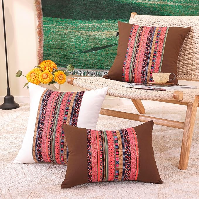 TAOSON Pack of 2 White & Red Stripe Patchwork Throw Pillow Covers 18x18 Inch - Bohemian Farmhouse Cushion Cases with Hidden Zipper for Sofa & Bedroom (Cover Only)
