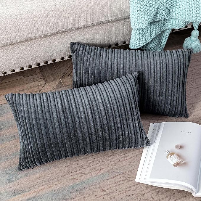 UGASA Velvet Pillow Covers Striped Decorative Throw Cushion Case with Hidden Zipper for Home Couch/Bedroom/Car, Soft Cozy Solid Oblong, 2 Pieces (12"x20", Dark Grey)