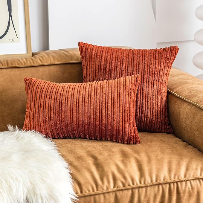 UGASA Solid Color Striped Velvet Pillow Covers Fall Modern Sofa Cushion Cover Bed Velvet Square Pillowcase, 1 Pc, 20"x20", Burnt Brick