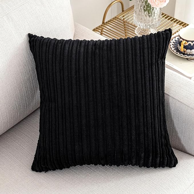 UGASA Super Soft Plush Corduroy Pillow Covers Solid Textured Large Throw Euro Pillow Sham Cushion Cover for Couch Floor, 2 Pcs, 18 x 18(45cm), Black