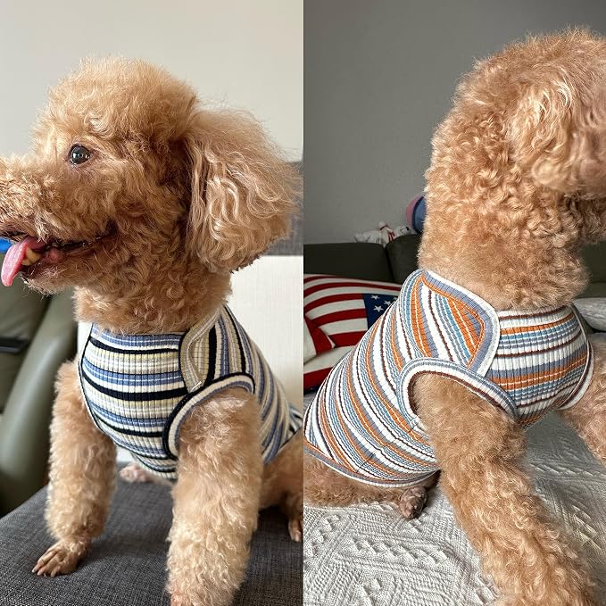 Dog Shirts Vest Cotton Striped T-Shirt, Sleeveless Stretchy Pet Clothes for Small Dogs, 2-Pack Soft Breathable Puppy Tank Top Cat Tee (XX-Large, Blue,Yellow)