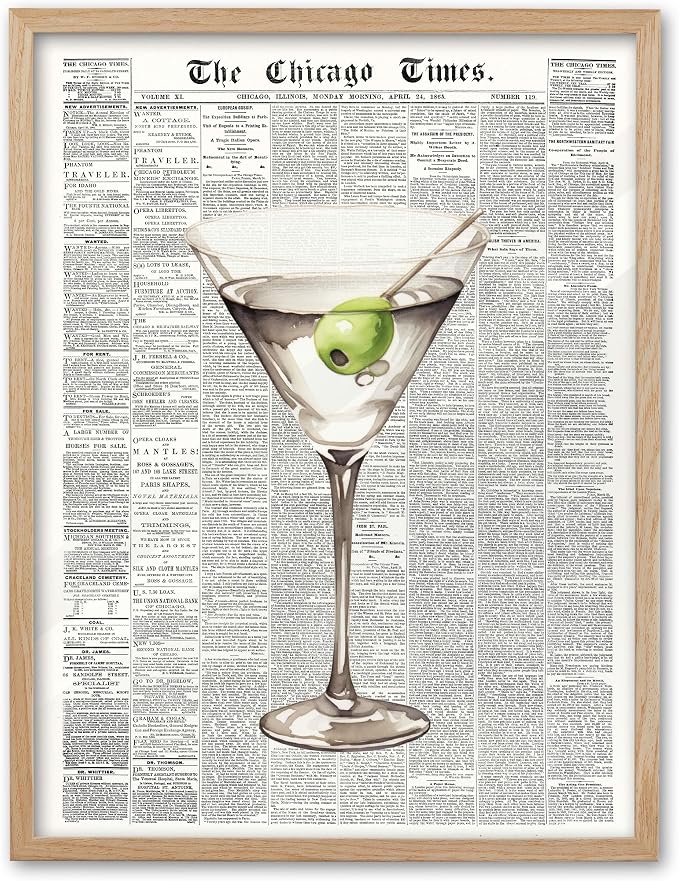 EcoHest 16x20 in Martini Newspaper Framed Wall Art for Bar Cart | Solid Oak Wood Frame, Canvas Wall Art, Martini Cocktail Bar Cart Decor for Living Room, Apartment, Dorm Room, Bedroom, 1Pack