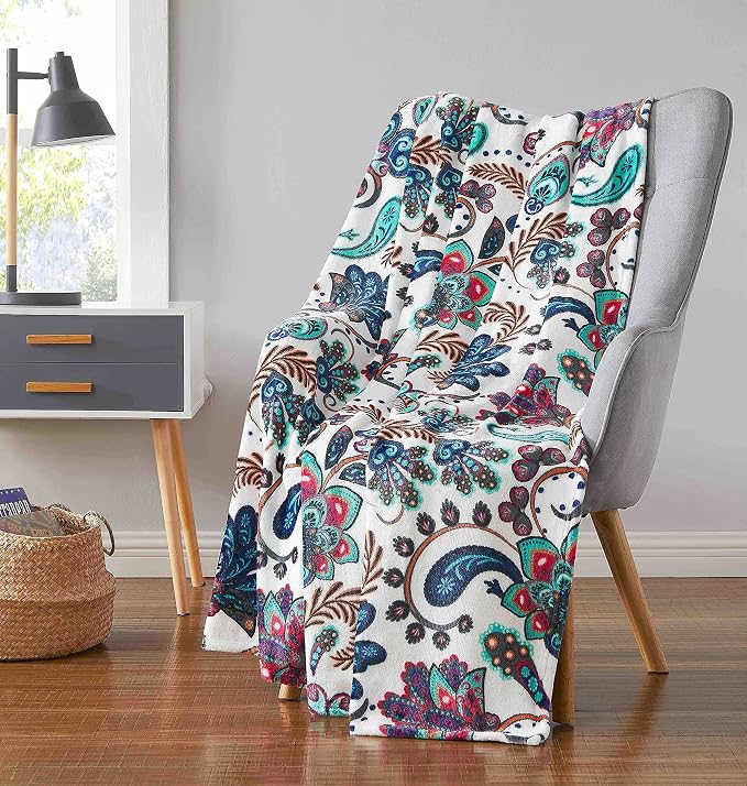 Bohemian Fleece Throw Blanket: Velvety Soft Durable Boho Floral Paisley Design Accent for Bed or Couch (Multicolored Boho, 50 x 60 inches)