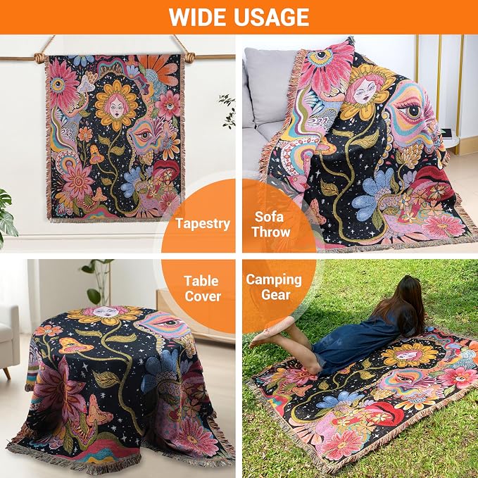 Hippie Flower Boho Throw Blanket for Couch Bed Chair Lounge Hippie Room Decor Reversible Cotton Woven Whimsical Throw Blanket Witchy Room Decor Throws Bed Spread Outdoor Camping Blanket 51x59 Inches