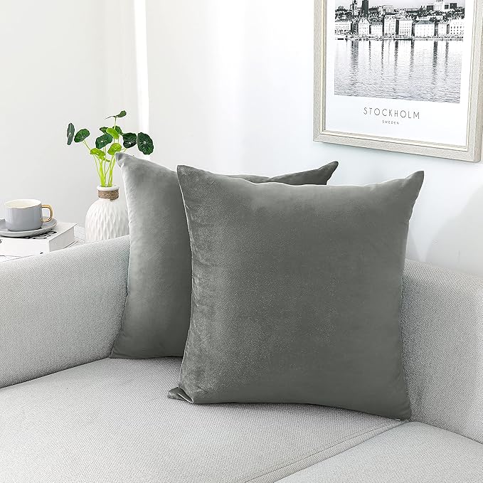 NiNi ALL Grey Velvet Throw Pillow Covers 24x24 Pack of 2 Decorative Couch | Soft Solid Boho Cushion Squar Pillow Cases for Chair Sofa Bedroom Farmhouse Living room Modern Luxury Home Decor Christmas