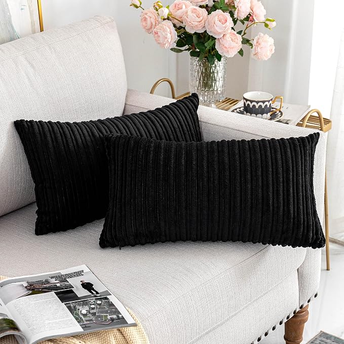 UGASA Corduroy Striped Soft Soild Decorative Throw Pillow Covers Set Cushion Cases Pillowcases for Sofa Bedroom, 2 Pcs, 12x20inch, Black