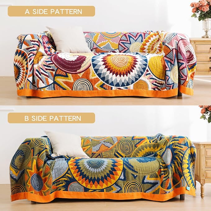 VANJOROY Boho Throw Blanket, 100% Organic Muslin Cotton Skin-Friendly Breathable Ultra Soft Bed Quilt Throw - All Season Decor Colorful Blanket for Sofa Couch Chair and Gift. 91" x 108"