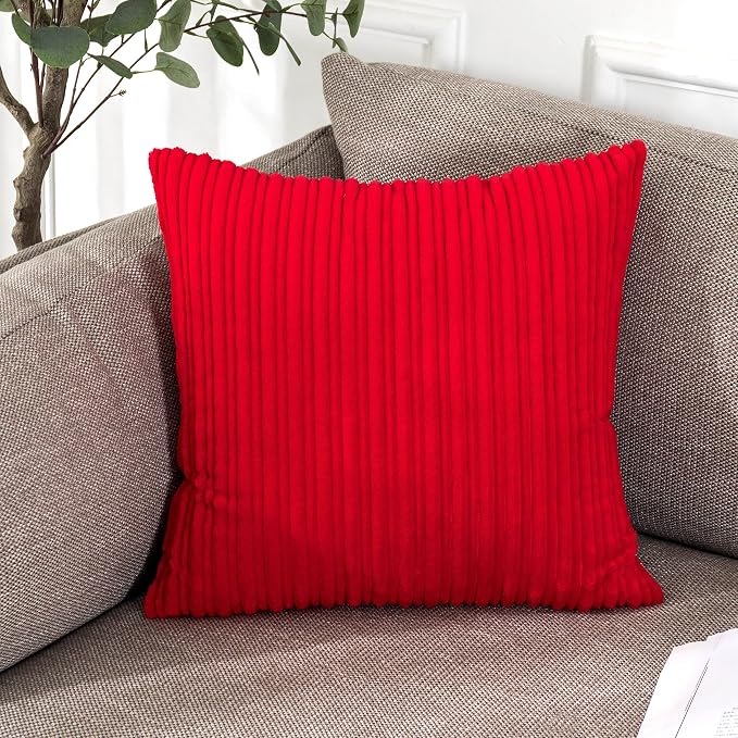 UGASA Nordic Solid Striped Velvet Pillow Covers Christmas Decor Simple Modern Sofa Cushion Cover Bed Velvet Square Pillowcase, 2 Pc, 20"x20",Red
