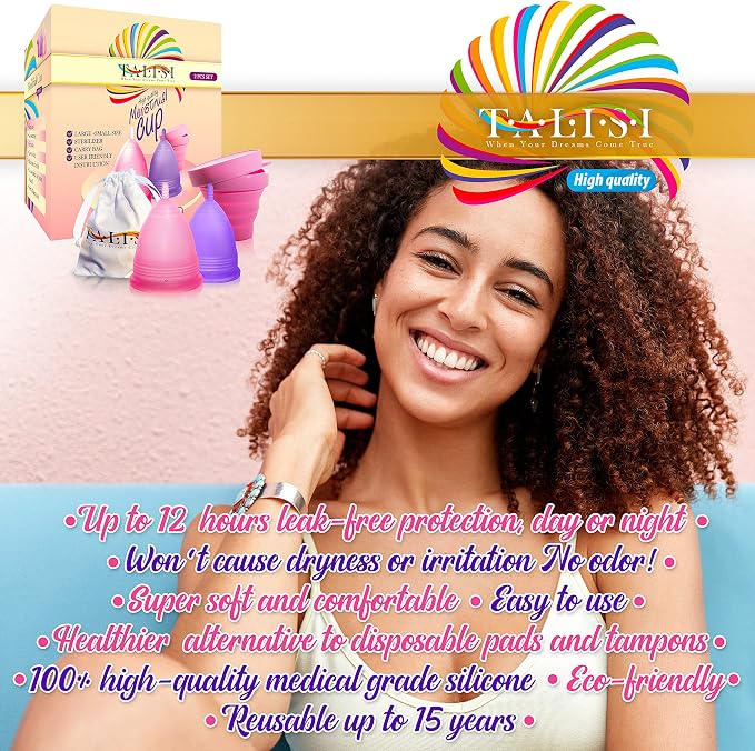 Talisi Menstrual Cups Set of 2 (Small & Large) Super Soft Reusable Period Kit with Collapsible Silicone Sterilizer Case, Storage Bag Menstruation Feminine Copa for Teens, Beginners, Heavy Flow