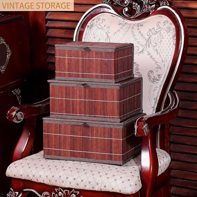 Honygebia Bamboo Decorative Storage Boxes - Set of 3 Woven Lined Storage Basket with Lids, Retro Brown Wicker Lidded Baskets for Home Kitchen Shelf Organizer Decor