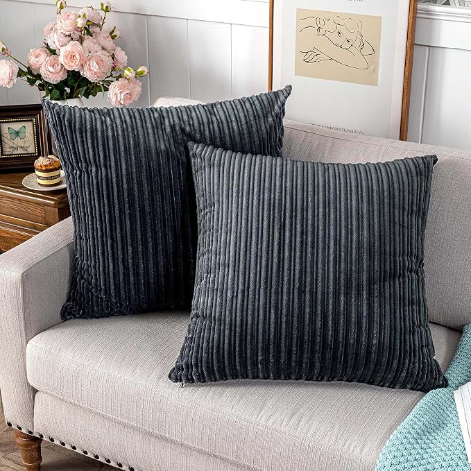UGASA Corduroy Striped Soft Soild Decorative Square Throw Pillow Covers Set Cushion Cases Pillowcases for Sofa Bedroom, 1 Pc, 24x24inch, Dark Grey