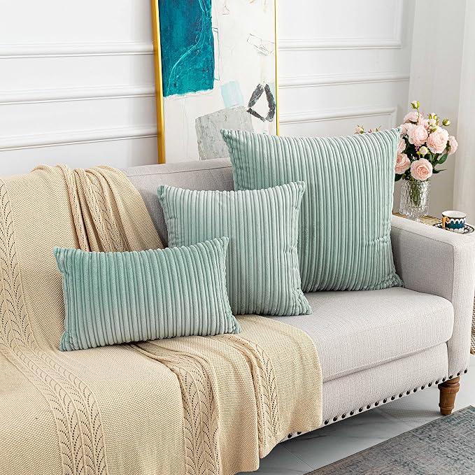 UGS UGASA Velvet Pillow Covers Striped, Spring Decorative Throw Pillow Cover Cushion Case with Hidden Zipper for Home Couch/Bedroom, Soft Cozy Solid Oblong, 1 Pack (12"x20", Mint Green)